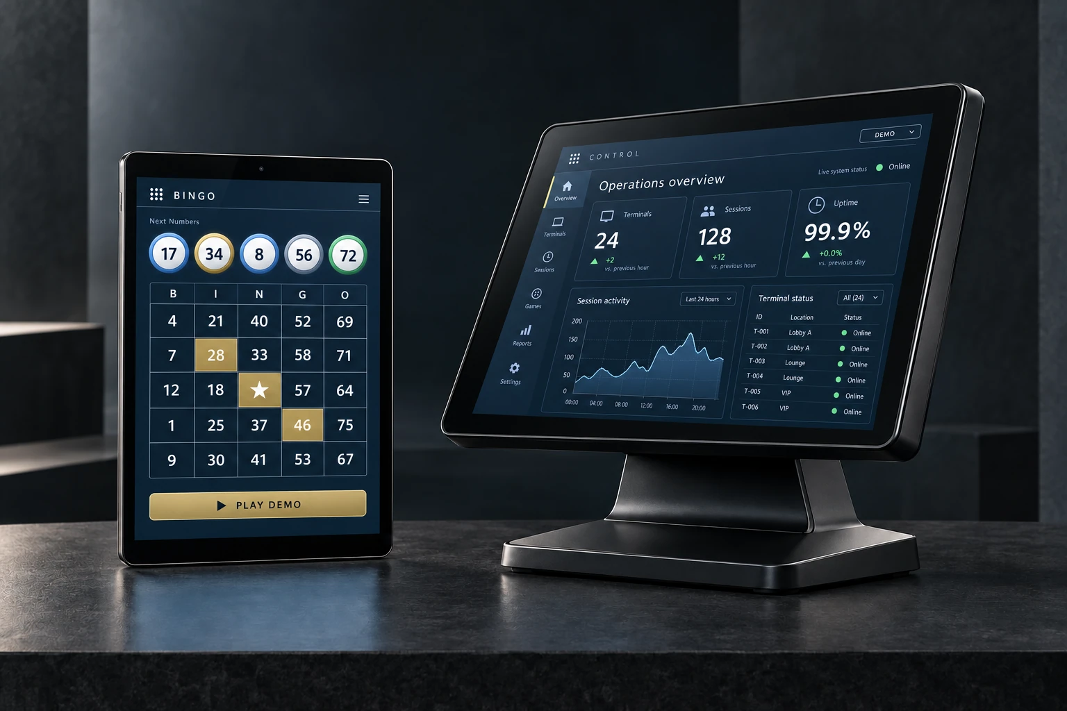 Conceptual operations dashboard on a terminal and video-bingo demo on a tablet.
